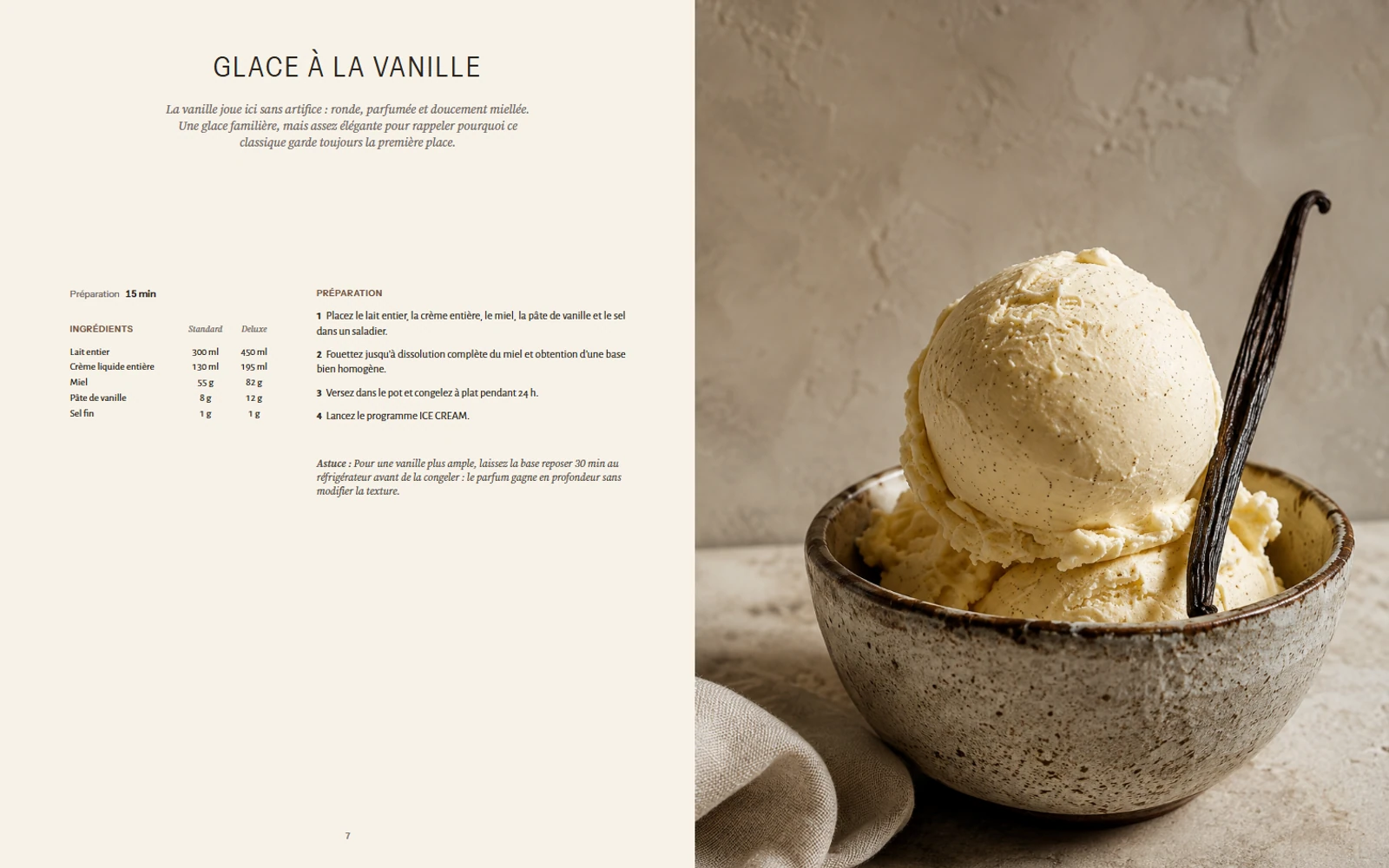 Double page de la recette de glace à la vanille dans L’Atelier des glaces
