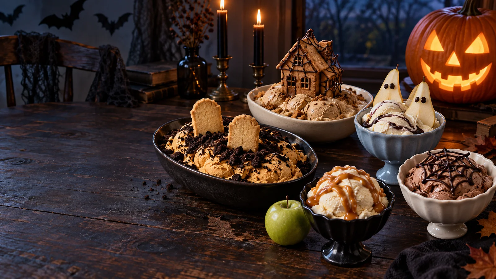Five Halloween ice creams with biscuit tombstones, pear ghosts, a speculoos house, caramel drizzles and a chocolate spiderweb beside a glowing carved pumpkin.