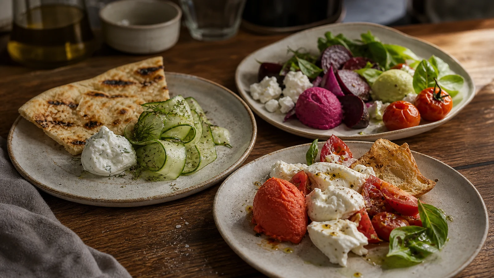 Savory frozen recipes served with flatbread, cucumber, tomatoes, beetroot and cheese