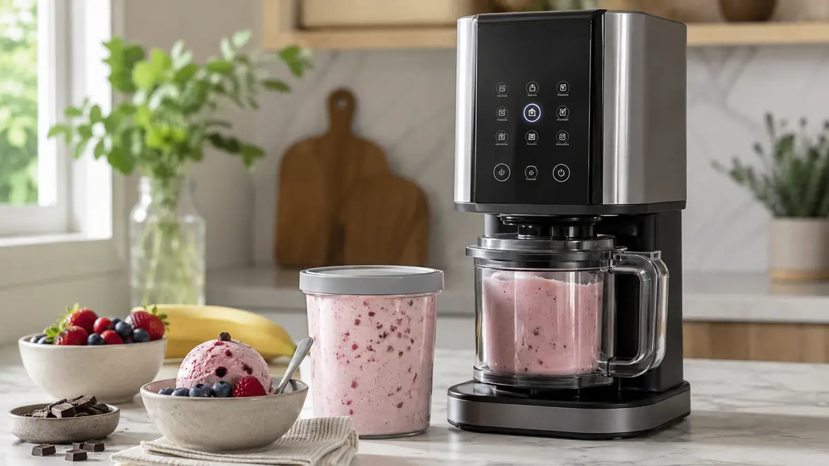 Ninja CREAMi machine with berry ice cream, a frozen pint and mix-ins on a kitchen counter