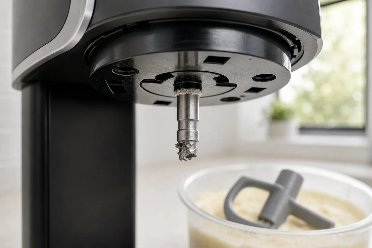 Conceptual illustration of a severely deformed Ninja CREAMi spindle with the Creamerizer paddle fallen into the pint