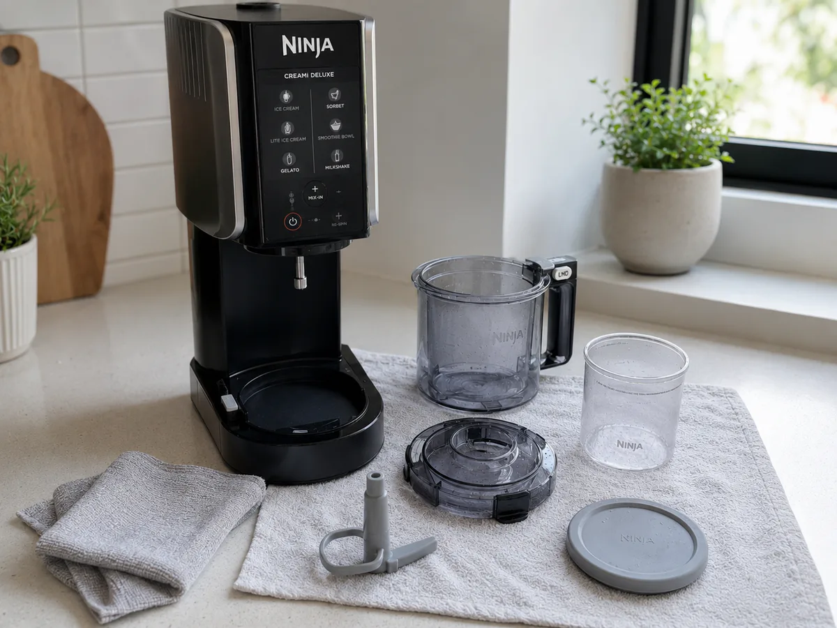 A clean Ninja CREAMi Deluxe with its pint, outer bowl, lid and paddle arranged on a drying towel