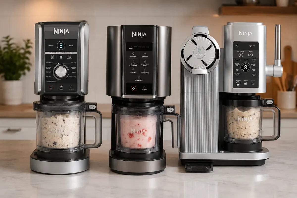 Three Ninja CREAMi machines displayed side by side on a kitchen counter