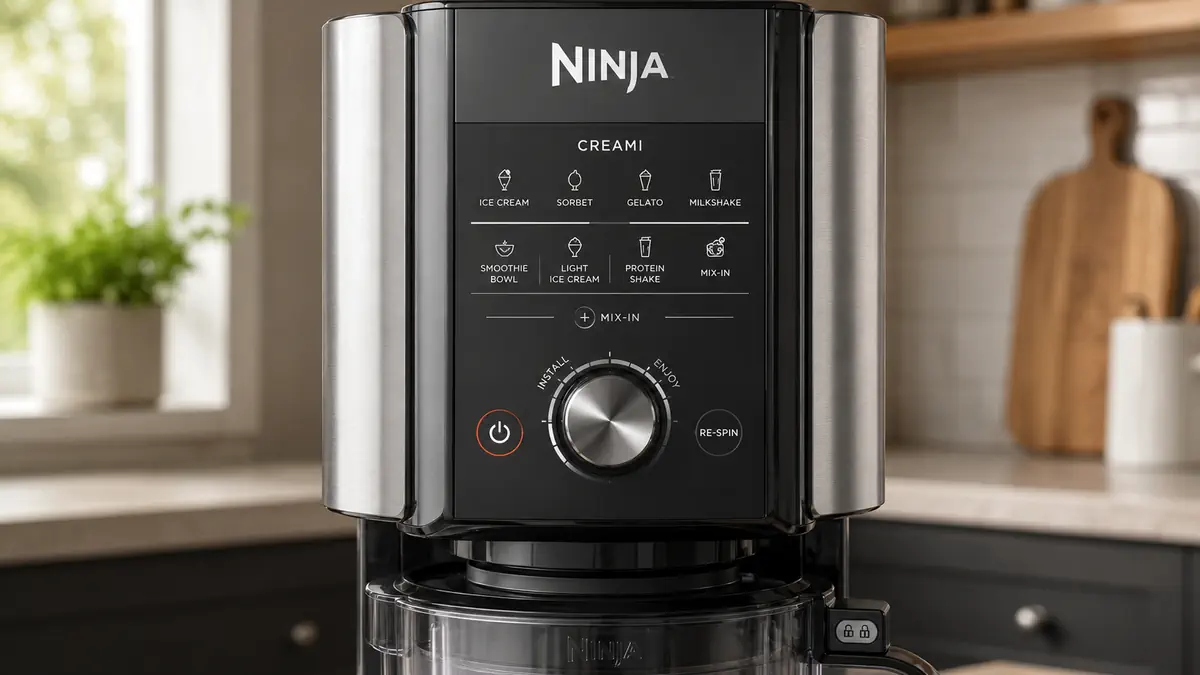 Close-up of a Ninja CREAMi control panel showing frozen dessert program buttons