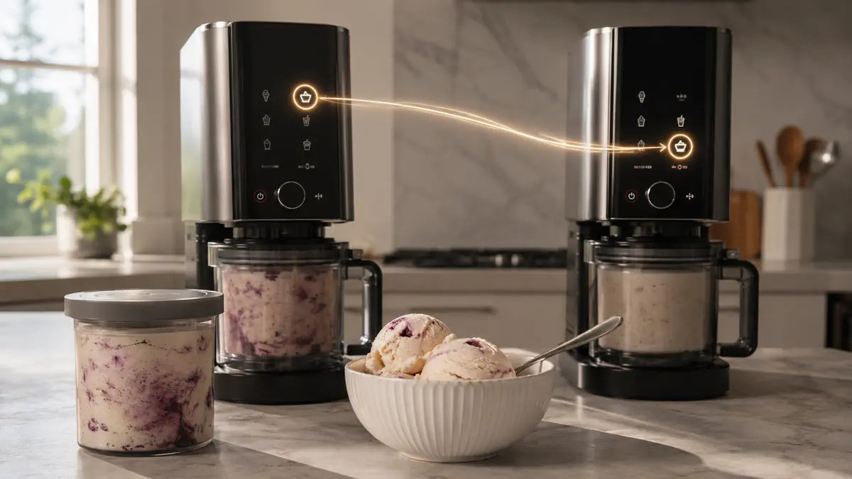 Two Ninja CREAMi machines with matching program buttons highlighted above frozen dessert pints