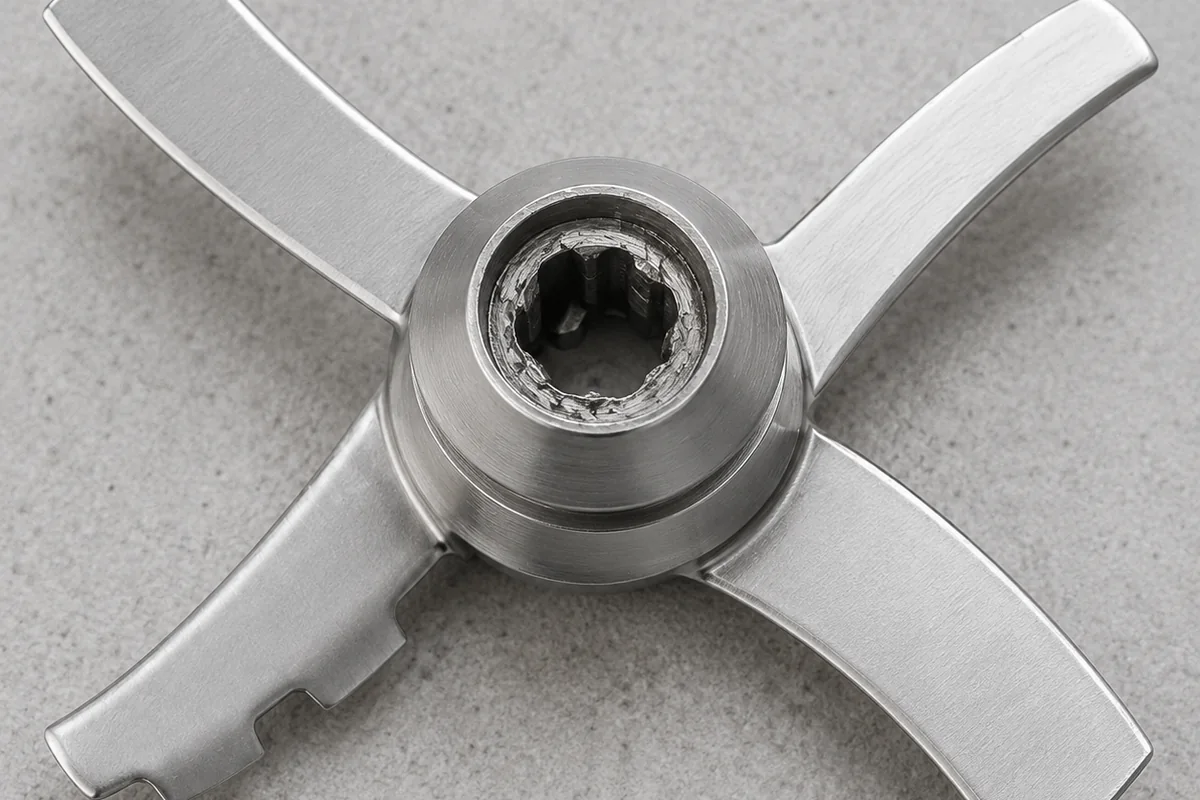 Gros plan conceptuel de surfaces d’engagement arrondies, aplaties et ébréchées dans la fixation d’une pale Ninja CREAMi Swirl